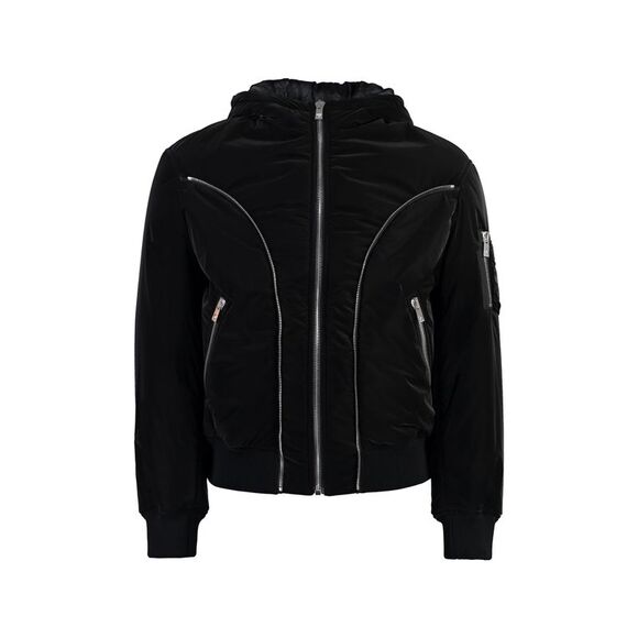 Men's Black Hooded Jacket with Decorative Zippers and Adjustable Drawstring